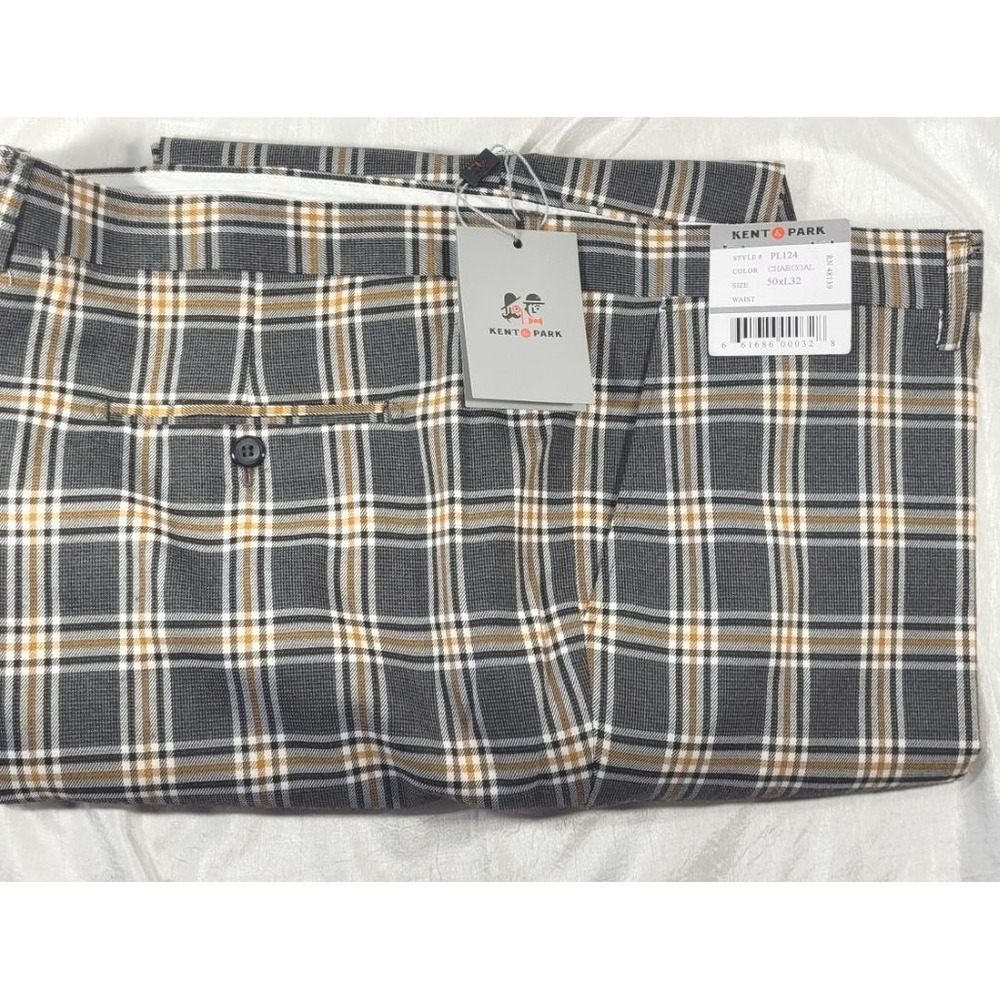 Kent & Park Men's Charcoal Plaid Polyester Dress Pants #PL124 - Sz 50Wx32L